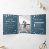 Zilveren Folie Sterren Confetti Stoffig Blauw Brui Drieluik Uitnodiging (Binnen)