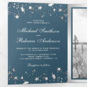 Zilveren Folie Sterren Confetti Stoffig Blauw Brui Drieluik Uitnodiging (Binnenzijde eerst)
