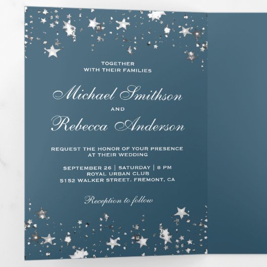 Zilveren Folie Sterren Confetti Stoffig Blauw Brui Drieluik Uitnodiging (Binnenzijde eerst)