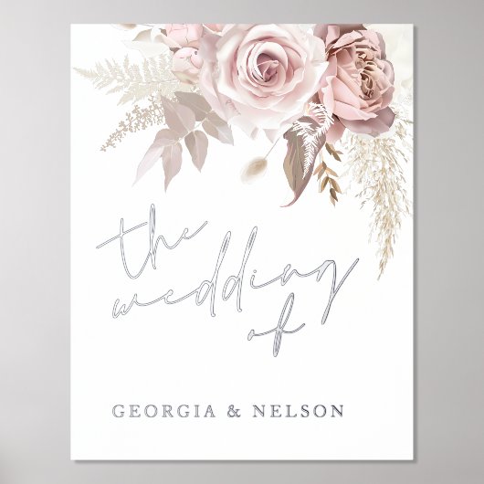 Zilveren Folie Stoffig Roos Bruiloft Welkomstbord Folie Afdrukken (Voorkant)