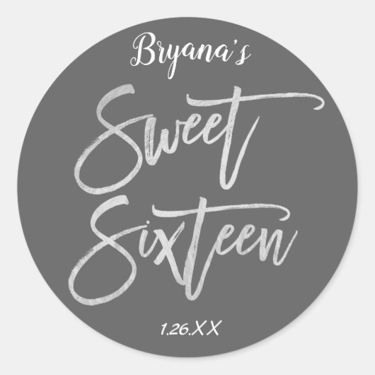 Zilveren Folie Sweet 16 Zestien Modern Script Part Ronde Sticker (Voorkant)