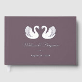 Zilveren Folie Zwanen op Donker Paarse Bruiloft Gastenboek (Voorkant)