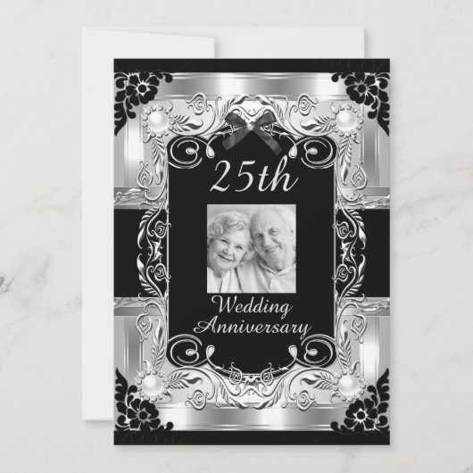 Zilveren Foto Bloem 25e Huwelijksjubileum Kaart (Voorkant)
