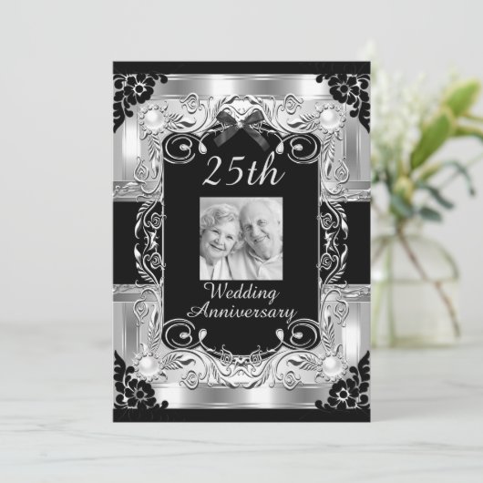 Zilveren Foto Bloem 25e Huwelijksjubileum Kaart (Staand voorkant)