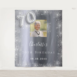 Zilveren foto glitters stof welkom voor 70ste verj wandkleed