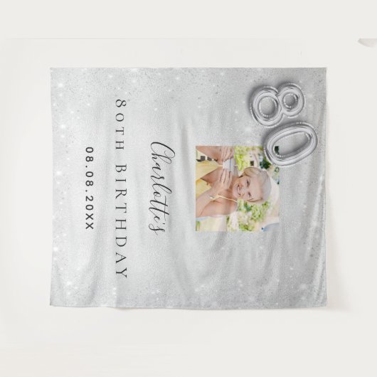 Zilveren foto glitterspul welkom 80ste verjaardag wandkleed (Voorkant (horizontaal))