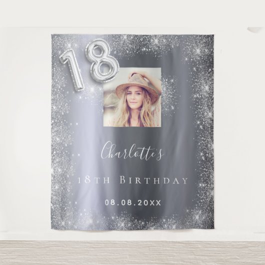 Zilveren foto glitterspul welkom voor 18e verjaard wandkleed (Voorkant)