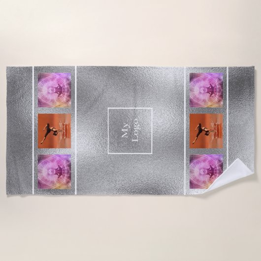 Zilveren fotocollage elegant bedrijfslogo strandlaken (Voorkant)