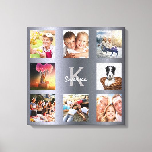 Zilveren fotocollage familiemonogram  canvas afdruk (Voorkant)