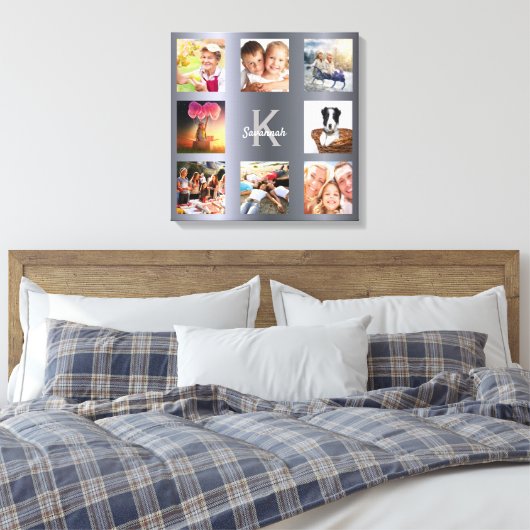Zilveren fotocollage familiemonogram  canvas afdruk (Insitu (Slaapkamer))