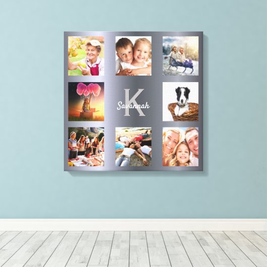 Zilveren fotocollage familiemonogram  canvas afdruk (Insitu (Houten vloer))