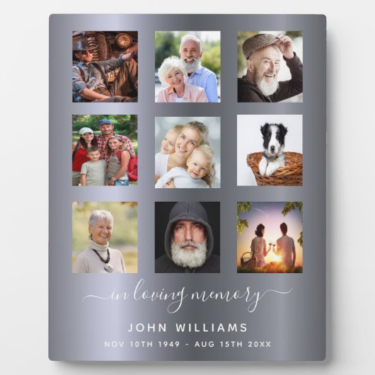 Zilveren fotocollage rouwkaart herdenking fotoplaat (Voorkant)