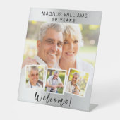 Zilveren fotocollage verjaardagsfeestje welkom reclamebord met voetstuk (Voorkant)