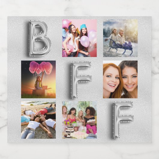 Zilveren fotocollage vriend/vriendin BFF metaal Sparkling Wijnetiket (Enkel label)