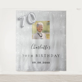Zilveren fotoglitter welkom 70e verjaardag wandkleed