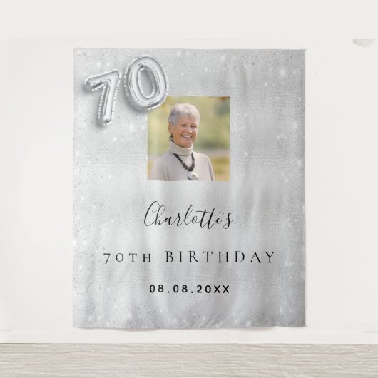 Zilveren fotoglitter welkom 70ste verjaardag wandkleed (Voorkant)