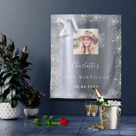 Zilveren fotoglitter-welkom verjaardag 21ste wandkleed