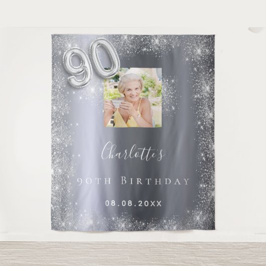 zilveren fotoglitter-welkomstkaart 90e verjaardag wandkleed (Voorkant)