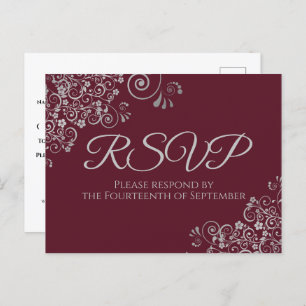 Zilveren franjes Elegante bordeaux bruiloft RSVP Briefkaart