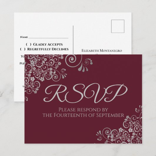 Zilveren franjes Elegante bordeaux bruiloft RSVP Briefkaart (Voorkant / Achterkant)