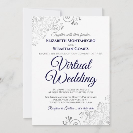 Zilveren franjes marine blauw & wit virtuele bruil kaart (Voorkant)