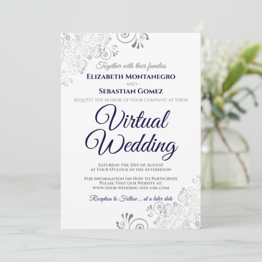 Zilveren franjes marine blauw & wit virtuele bruil kaart (Staand voorkant)