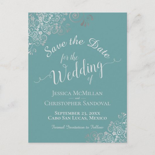 Zilveren franjes op Aqua Blauwgroen bruiloft Save Aankondigingskaart (Voorkant)