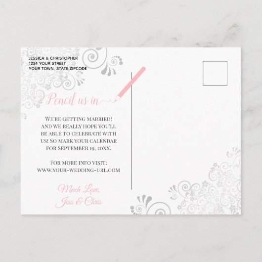 Zilveren franjes op Bord Roze Bruiloft Save the Da Aankondigingskaart (Achterkant)