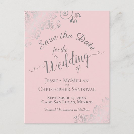 Zilveren franjes op Bord Roze Bruiloft Save the Da Aankondigingskaart (Voorkant)