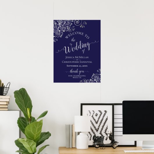 Zilveren franjes op marineblauw Elegant bruiloft W Poster (Thuiskantoor)