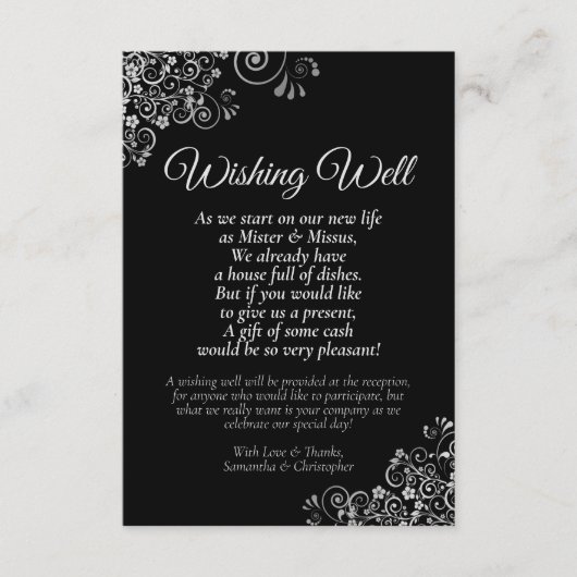 Zilveren franjes op zwarte bruiloft wensten goed g informatiekaartje (Voorkant)