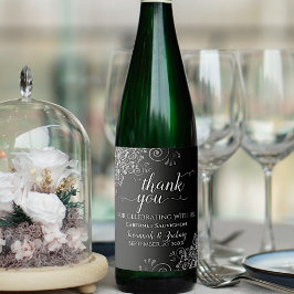 Zilveren franjes op Zwarte Huwelijks Dankjewelkaar Wijn Etiket
