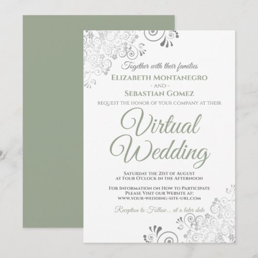 Zilveren franjes Sage Groen & Wit Virtuele Bruilof Kaart (Voorkant / Achterkant)
