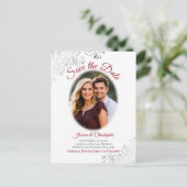 Zilveren franjes w / foto rode bruiloft Save the D Aankondigingskaart (Staand voorkant)