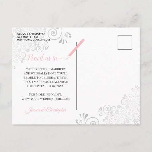 Zilveren franjes w / foto roze bruiloft de datum o aankondigingskaart (Achterkant)