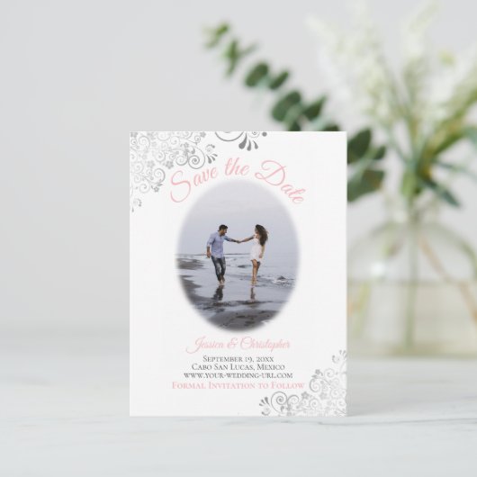 Zilveren franjes w / foto roze bruiloft de datum o aankondigingskaart (Staand voorkant)