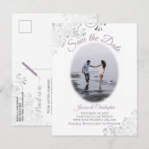 Zilveren Frills Lavendel Bruiloft Save the Date Fo Aankondigingskaart