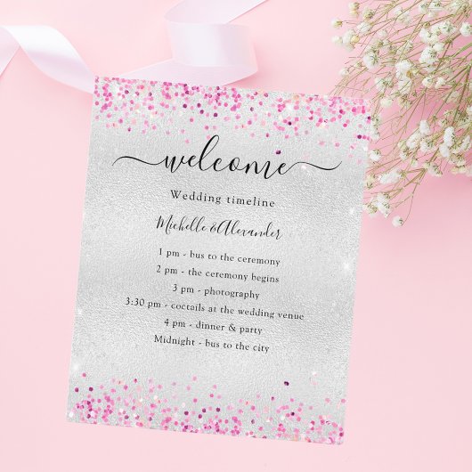 Zilveren fuchsia roze confetti bruiloft programma