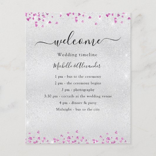Zilveren fuchsia roze harten bruiloft programma (Voorkant)