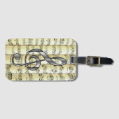 Zilveren G-sleutel op opgerolde bladmuziek ~ Bagagelabel (Voorkant (horizontaal))