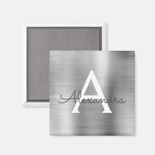 Zilveren Geborstelde Metaal Monogram Naam Magneet (Voorkant / Achterkant)