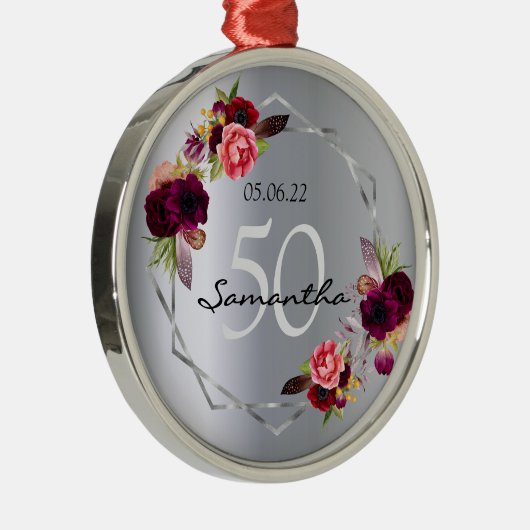 Zilveren geometrische bloemen verjaardag burgundy metalen ornament (Rechts)