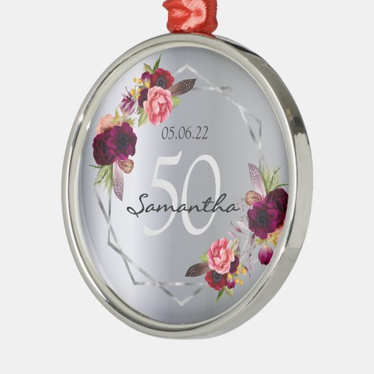 Zilveren geometrische bloemen verjaardag burgundy metalen ornament (Links)