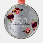 Zilveren geometrische bloemen verjaardag burgundy metalen ornament (Voorkant)