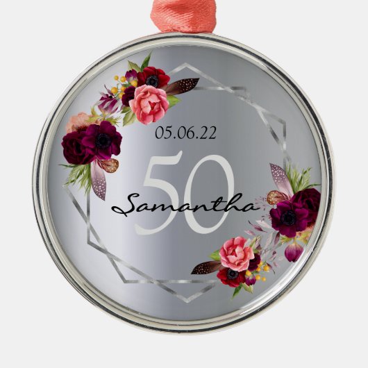 Zilveren geometrische bloemen verjaardag burgundy metalen ornament (Voorkant)