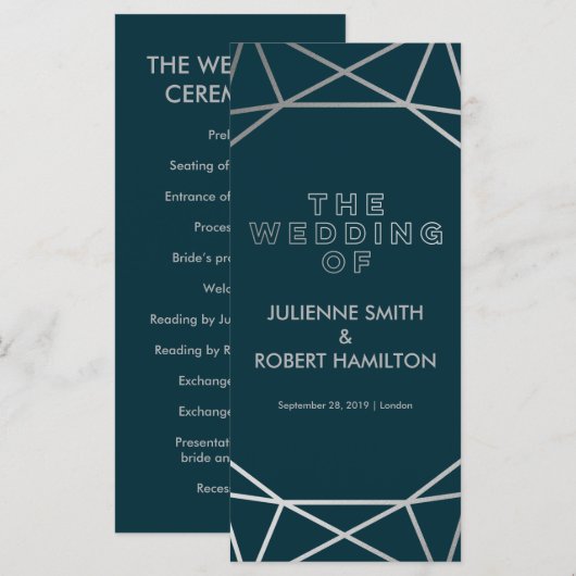 Zilveren geometrische huwelijksceremonie programma programmakaart (Voorkant / Achterkant)