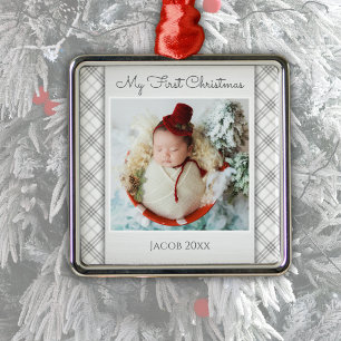Zilveren geruite baby eerste kerst foto ornament