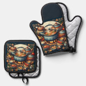 Zilveren gewatteerde ovenwanten ovenwant & pannenlap set (Voorkant / Achterkant)