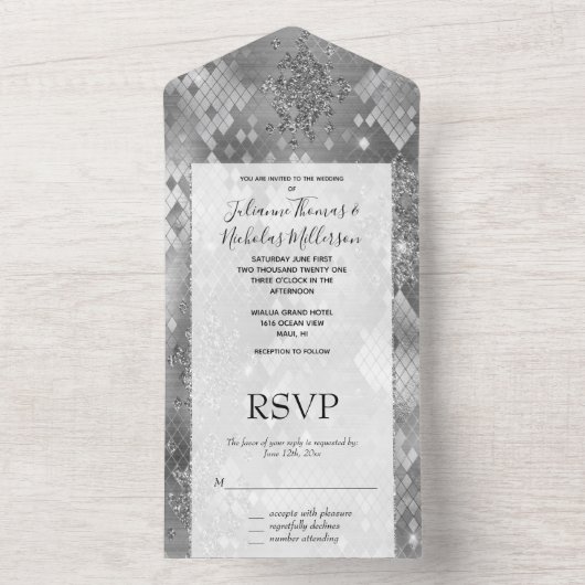 Zilveren Glam Glitter Snake Skin All In One Uitnodiging (Binnen)