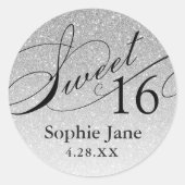 Zilveren Glam Glitter Sweet 16 gepersonaliseerd Ronde Sticker (Voorkant)